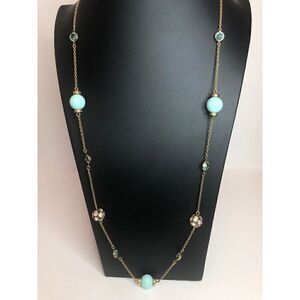 439 J. Crew Goldtone aqua bead CZ bead station necklace 30"